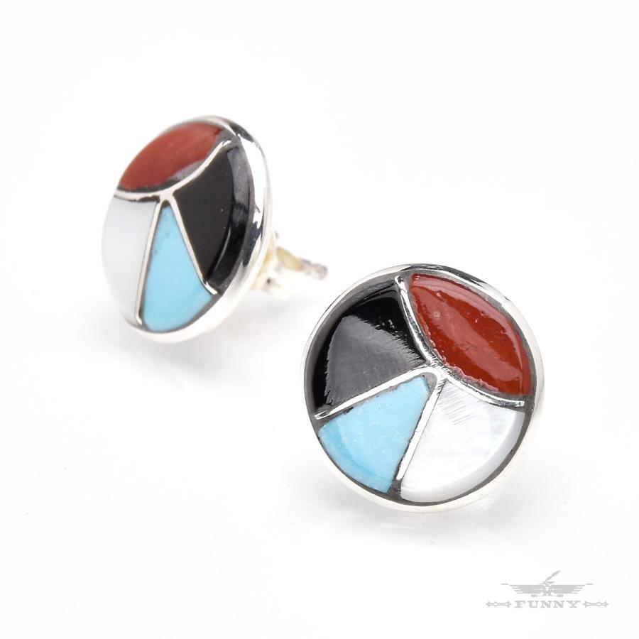 ビンテージ インディアンジュエリー ズニ族 インレイ ピアス マルチカラー Indian Jewelry FUNNY公式ストア ズニ族 Delorna Lahi マルチ インレイ