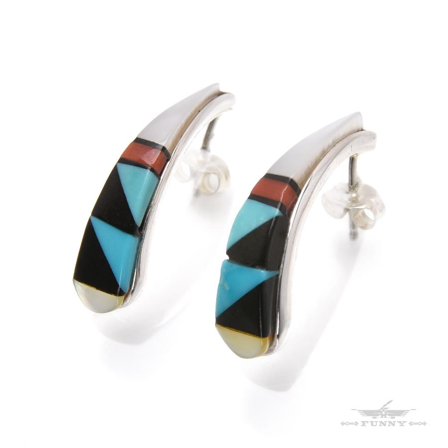 ビンテージ インディアンジュエリー ズニ族 インレイ ピアス マルチカラー Indian Jewelry FUNNY公式ストア ズニ族 マルチインレイ ハーフフープ