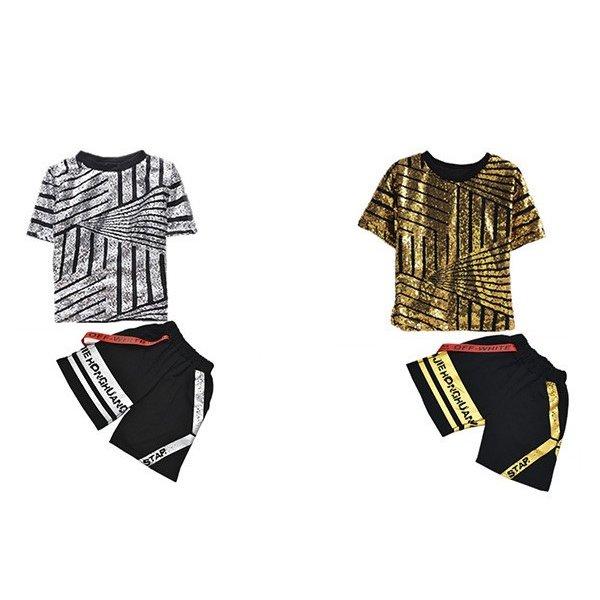 セット価格ダンス衣装キッズトップスゴールドシルバースパンコールヒップホップtシャツキッズダンスかっこいいおしゃれ舞台服派手男女キラキラ