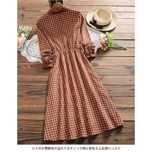 長袖ワンピースチェック柄ワンピース春秋ロングワンピ長袖ウエストゴムチェック柄ワンピースロングレトロお洒落ドレス 現品限り一斉値下げ