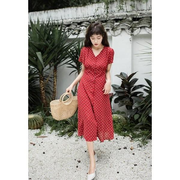 レディースワンピースドットワンピースロングレトロ五分袖ドット柄ワンピースレトロデザインかわいい水玉ワンピース赤サマーワンピース定番デザイン Rextoa Ynogu548 Funtolife 通販 Yahoo ショッピング