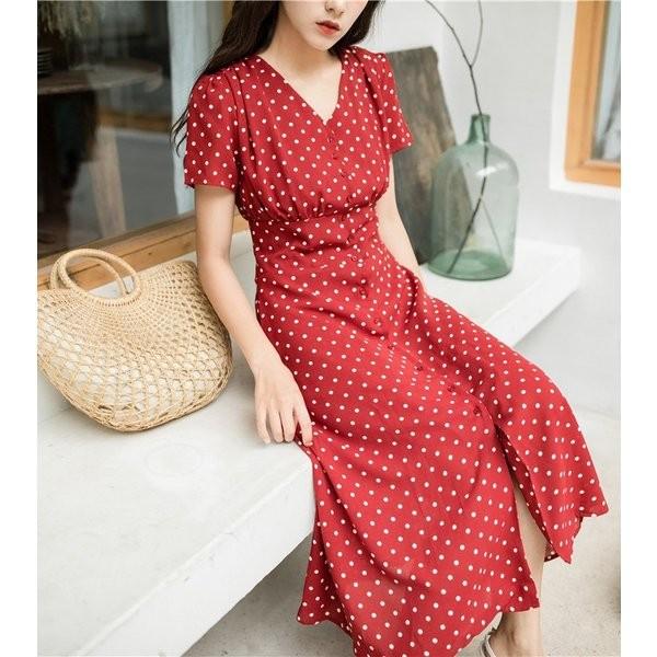 レディースワンピースドットワンピースロングレトロ五分袖ドット柄ワンピースレトロデザインかわいい水玉ワンピース赤サマーワンピース定番デザイン Rextoa Ynogu548 Funtolife 通販 Yahoo ショッピング