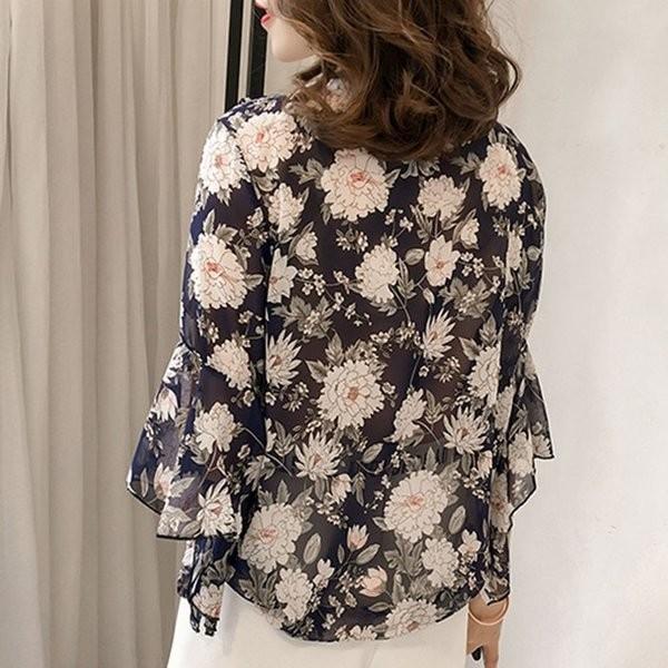 フレアスリーブトップス花柄リボンタイレディース春夏ブラウス透け感シースルーおしゃれファッションきれいめシャツ上品清楚大人コーデ可愛い 注目