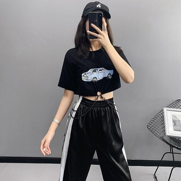 ハイウエストへそ出しトップスtシャツ半袖レディースカットソーショート丈tシャツ車プリントカジュアルゆったり細身ヒップホップダンス衣装 Rexxk Rkfey875 Funtolife 通販 Yahoo ショッピング