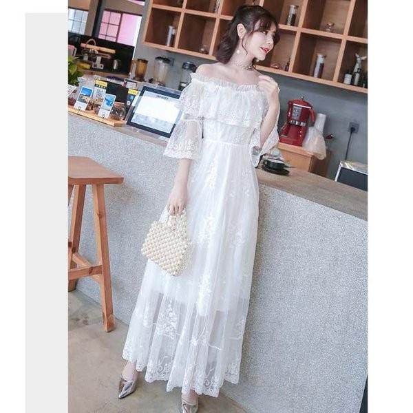 ワンピース白春春服レディースレースオフショルオフショルダー肩見せ肩出しガーリーロングロングドレス長め長め丈フレアフリルチュール花柄 Rexxk Vjwpx634 Funtolife 通販 Yahoo ショッピング