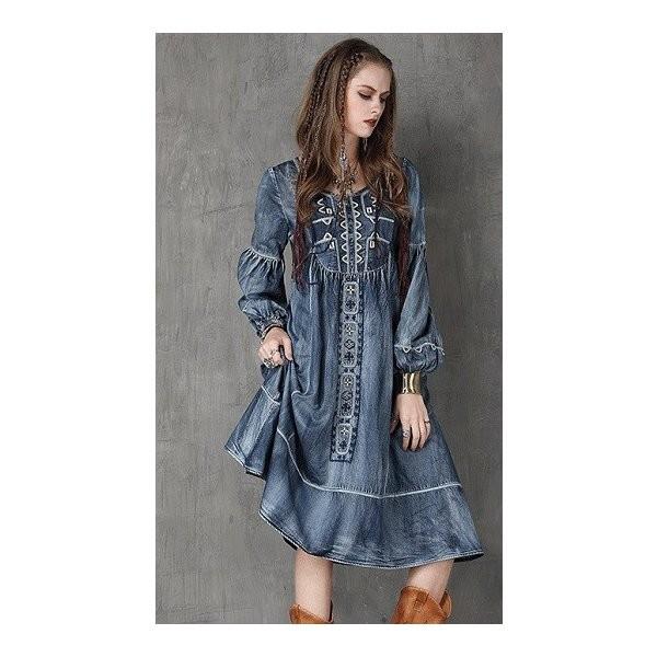 正規品 ワンピースロングマキシ丈長袖ボヘミアン刺繍デニムワンピースジャンパースカートフレア通勤通学オリジナルデザインレトロ調刺繍 手数料安い Www Doctor Plan Com