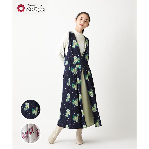 公式 ふりふ 飴椿vネックワンピース 和柄 ワンピース ワンピ ロングワンピ ロング丈 半袖 モダン つばき カメリア レトロ 椿 カシュクール 春夏 5分袖 メーカー在庫限り品