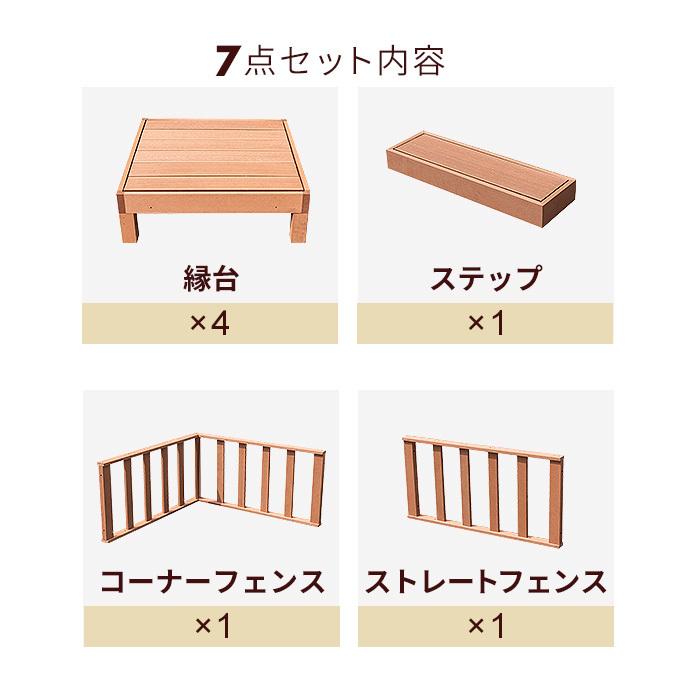 ウッドデッキ 7点セット 人工木 デッキ 縁台 フェンス ステップ  雨ざらし 外用 組立 木粉入り 樹脂 簡単 腐らない 庭 屋外 縁側 ベランダ DIY 階段の画像