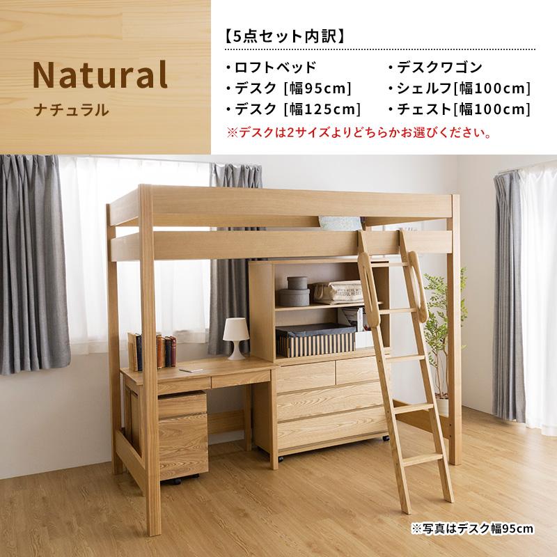 MINT 天然木無垢システム家具5点セット ロフトベッド デスク幅125