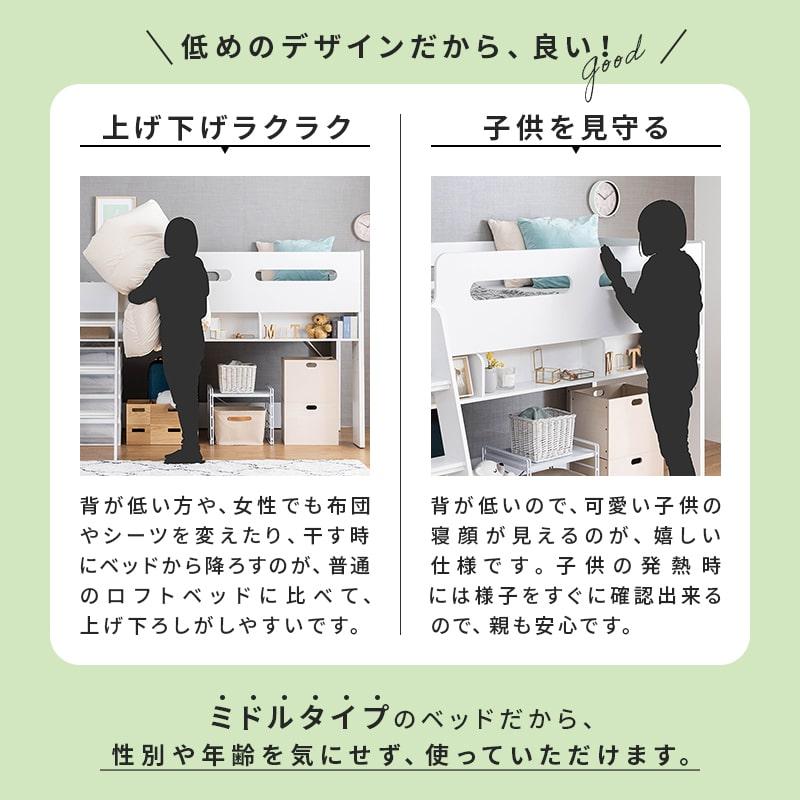 クラシック調ミドルベッド ロフトベッド シングルサイズ 収納 幅211cm 奥行き107cm 高さ123cm MINT ロフトベッド ミドルベッド ベッドフレーム シングル シングル