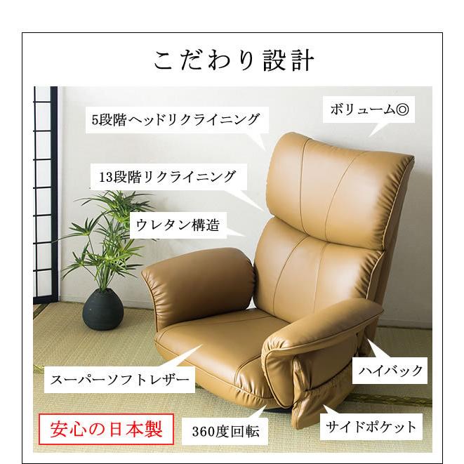 スーパーソフトレザー座椅子　匠　回転、リクライニング付き　1人掛け スーパーソフトレザー 座椅子 匠 完成品 日本製 13段階リクライニング