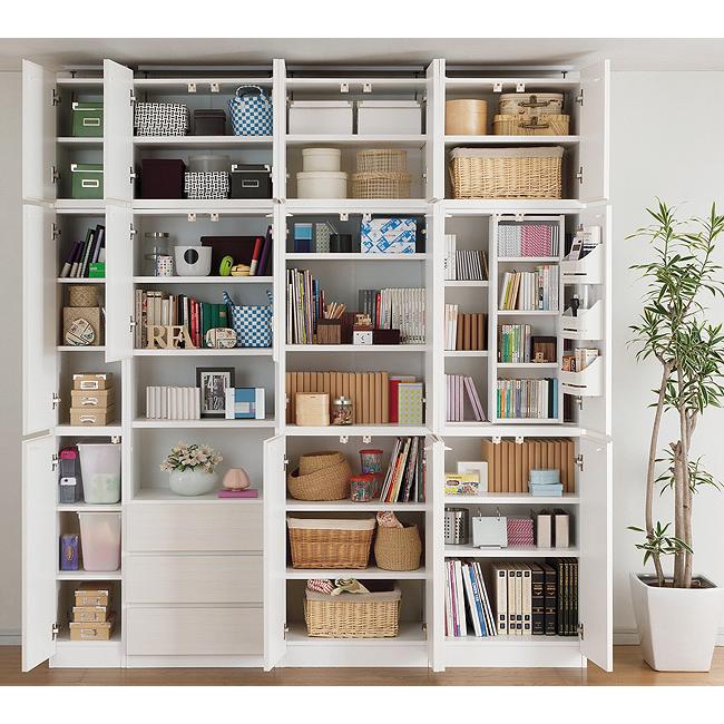 国産 壁面収納 キャビネット 幅60cm 高さ180cm ホワイト 白木目 本棚