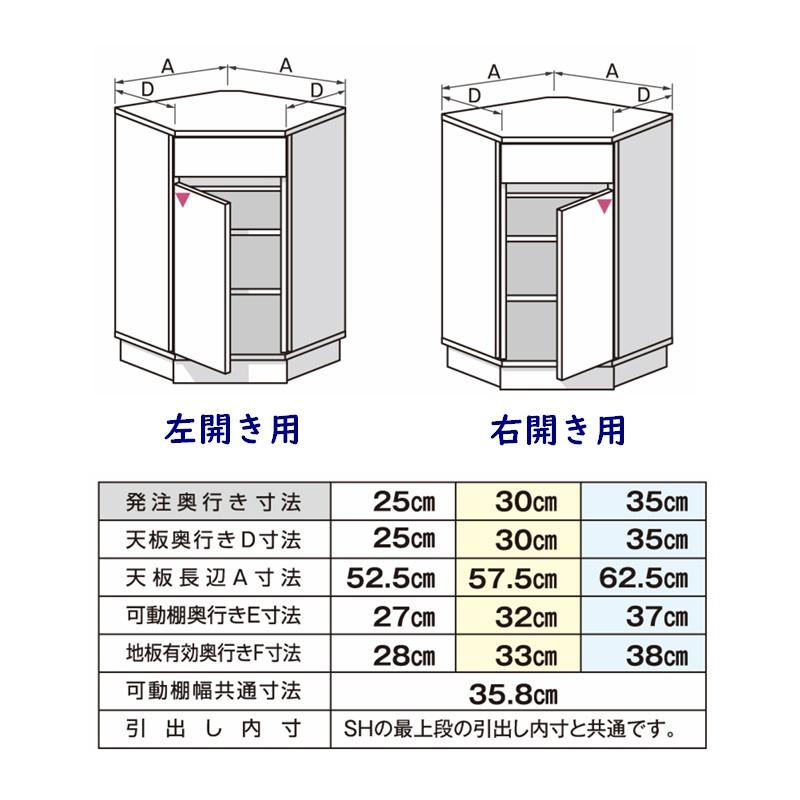 高さオーダーカウンター下収納 Sシリーズ用 コーナー片開きキャビネット引出し付き 奥行25,30,35cm 高さ60〜103cm 完成品 開梱設置配送 |  | 05