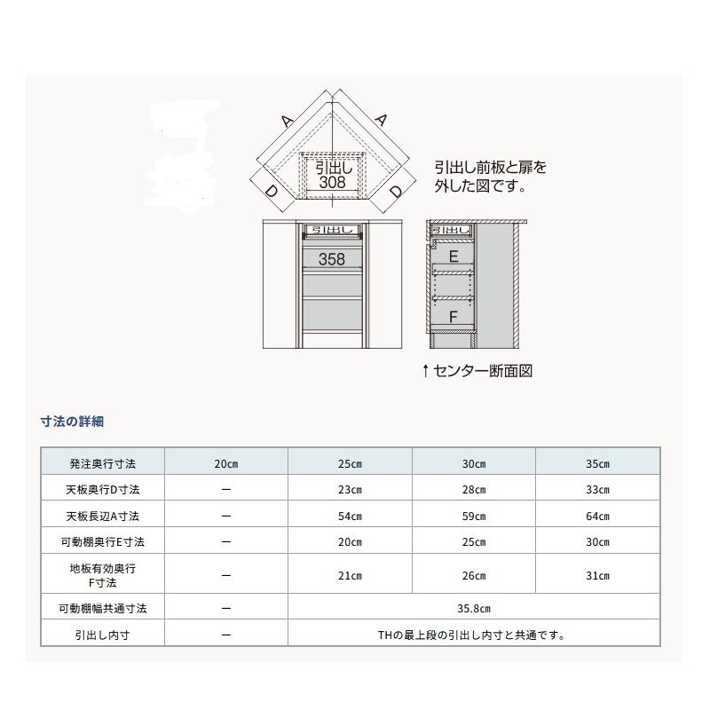 高さオーダーカウンター下収納 Tシリーズ用 コーナー片開きキャビネット引出し付き 奥行25,30,35cm 高さ60〜103cm 完成品 開梱設置配送 |  | 05