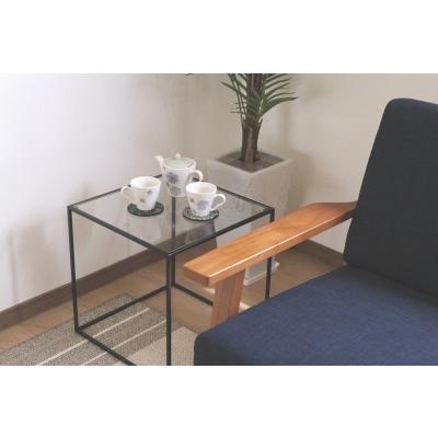 ガラスサイドテーブル アイアンフレーム 40cm角キュービック型/幅60cm