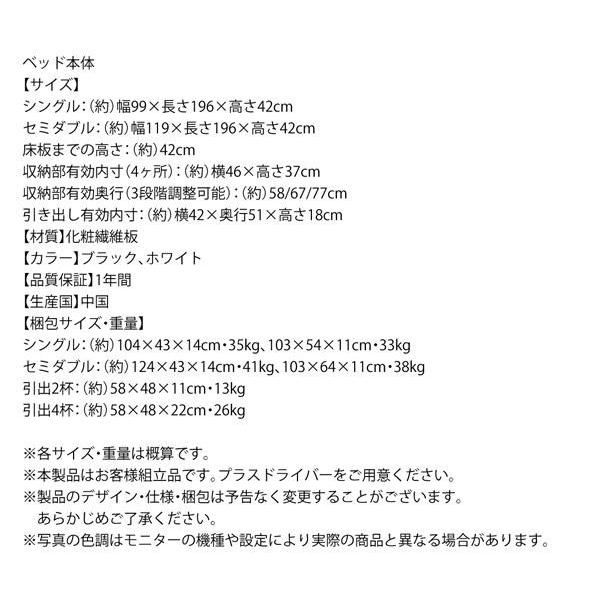 (タイムセール中) シングルベッド マットレス付き 薄型プレミアムボンネルコイル 引出し4杯 引き出し収納 白 ホワイト 黒 ブラック