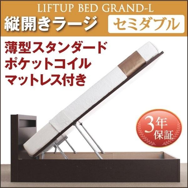 セミダブルベッド 跳ね上げ式ベッド マットレス付き 薄型スタンダードポケットコイル 縦開き/深さラージ 大容量収納