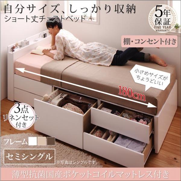 セミシングルベッド マットレス付き 薄型抗菌国産ポケットコイル ショート丈収納付きベッド
