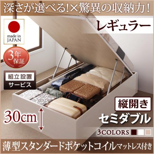 組立設置付 セミダブルベッド マットレス付き 薄型スタンダードポケットコイル 縦開き/深さレギュラー 大容量収納 跳ね上げ式ベッド