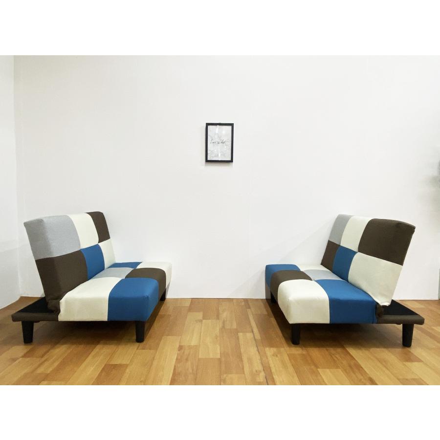 パッチワーク柄 ソファーベッド/ローソファー 【ブルー】 幅182cm 背もたれ パッチワーク柄 ソファーベッド/ローソファー 【ブルー】 幅