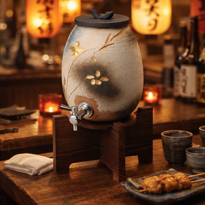 信楽焼　焼酎サーバー 蛇口付き 木台付 焼酎サーバー 陶器 2.2l 信楽焼 日本製 マイナスイオン 効果 お酒 焼酎