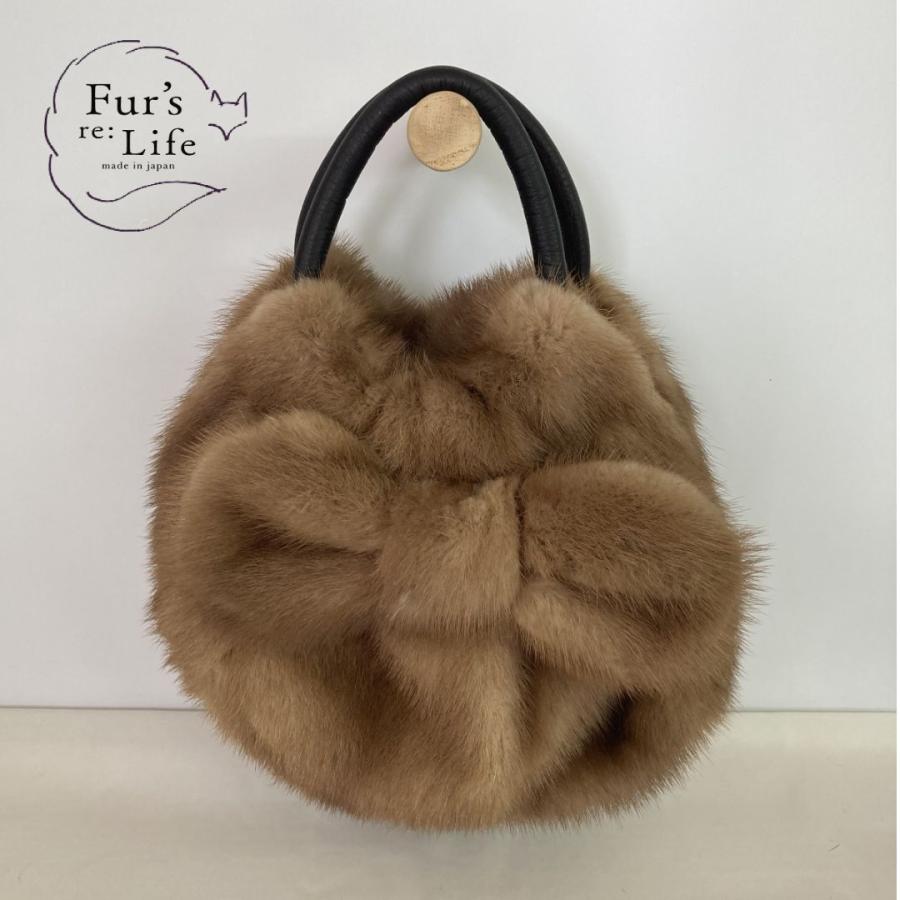 ハンドメイド・リメイクサファイアミンクリボン付きバッグぴこ ハンドメイド・リメイクサファイアミンクリボン付きバッグぴこ様専用