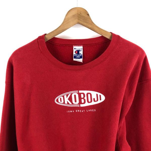 【古着】 Champion チャンピオン スウェット リバースウィーブ OKOBOJI IOWA メキシコ製 90年代 ヴィンテージ レッド系 メンズL 【中古】 n052619｜furugiya-sun｜02