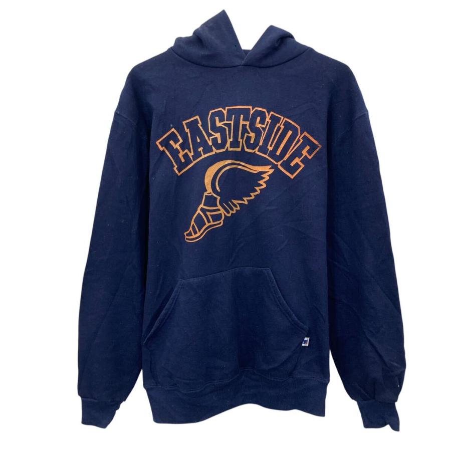 90s USA製 RUSSELL ATHLETIC プリントスウェット パーカー L ネイビー 