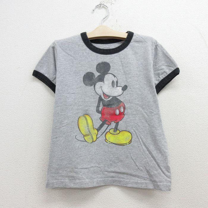 古着 半袖 Tシャツ キッズ ボーイズ 子供服 ディズニー ミッキー クルーネック グレー 霜降り リンガー 22jun28