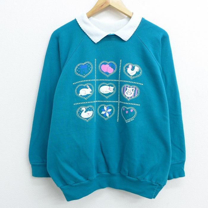 古着 レディース 長袖 スウェット 90s ネコ ウサギ ハート ラグラン 襟付き 大きいサイズ 青緑 sep24 中古 スエット トレーナー トップス Lkn0093 古着屋rushout 通販 Yahoo ショッピング