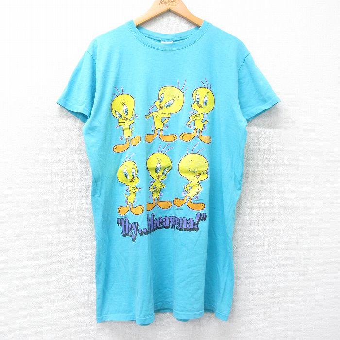 古着 半袖 Tシャツ ワンピース レディース 90年代 90s ルーニーテューンズ LOONEY TUNES シルベスター トゥイーティー 大きいサイズ ロング丈 クルーネック USA製 白 ホワイト 【spe】 25sep01 中古 古着 半袖 Tシャツ ワンピース レディース 90s ルーニーテューンズ