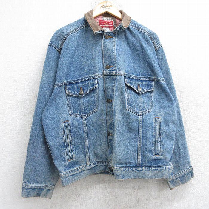 XL/古着 マルボロ 長袖 ジージャン メンズ 90年代 90s 襟レザー コットン 紺 ネイビー デニム 25oct21 中古 アウター Gジャン ジャケット XL/古着 マルボロ 長袖 ジージャン メンズ 90s 襟レザー コットン 紺