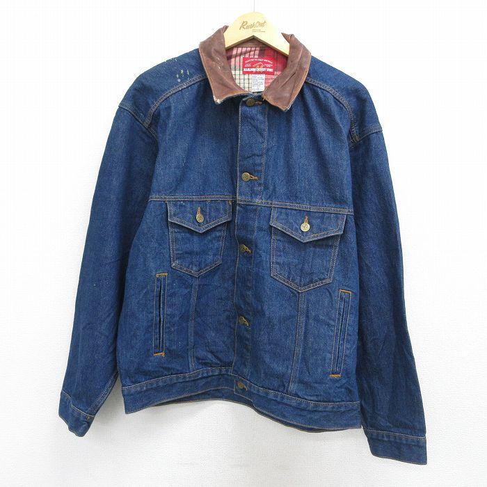 XL/古着 マルボロ 長袖 ジージャン メンズ 90年代 90s 襟レザー 大きいサイズ コットン ネイビー デニム 内側フランネル 26may15 XL/古着 マルボロ 長袖 ジージャン メンズ 90年代 90s 襟レザー