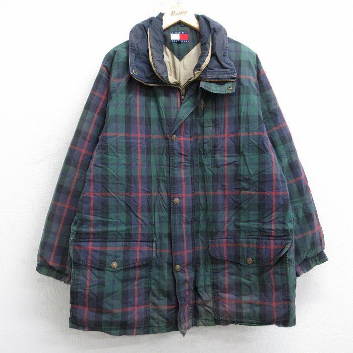 XL/古着 トミーヒルフィガー 長袖 ブランド ダウン ジャケット メンズ 90年代 90s ロング丈 コットン 緑他 チェック【spe】 25dec20 TOMMY HILFIGER（トミー・ヒルフィガー） XL/古着 長袖 ブランド