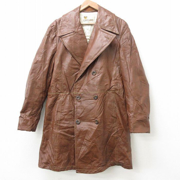 L/古着 長袖 レザー コート メンズ 80s ロング丈 茶 ブラウン 21nov29