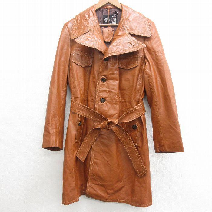M/古着 長袖 ビンテージ レザー コート メンズ 70s ロング丈 茶 