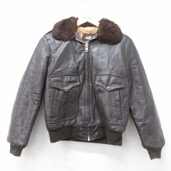 M/古着 長袖 レザー ジャケット メンズ 90s 濃茶 ブラウン 内側ファー 