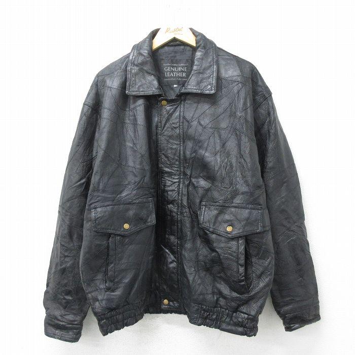 XL/古着 長袖 レザー ジャケット メンズ パッチワーク 黒 ブラック 