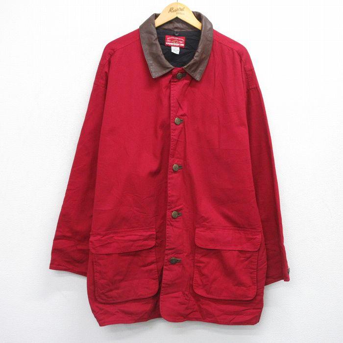 XL/古着 マルボロ 長袖 ジャケット メンズ 90年代 90s ダック地 襟レザー 大きいサイズ ロング丈 コットン 赤 26apr22 XL/古着 マルボロ 長袖 ジャケット メンズ 90年代 90s ダック地 襟