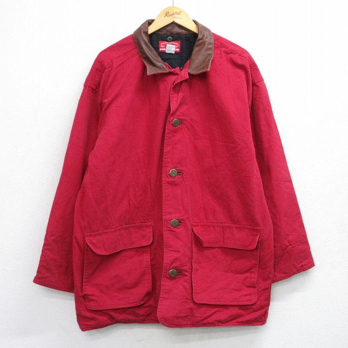 XL/古着 マルボロ 長袖 ジャケット コート メンズ 90年代 90s ダック地 大きいサイズ ロング丈 襟レザー コットン 赤【spe】 26feb16 XL/古着 マルボロ 長袖 ジャケット コート メンズ 90年代 90s ダック地