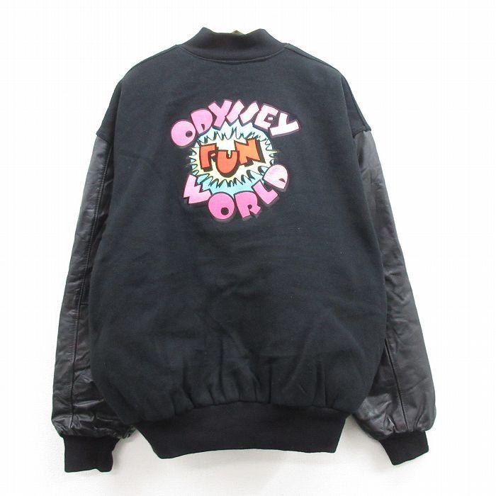 Xl 古着 長袖 スタジャン メンズ 90s Odyssey World 刺繍 袖レザー ウール 大きいサイズ ロング丈 黒 ブラック 内側キルティング 22jan07 Oust 古着屋rushout 通販 Yahoo ショッピング