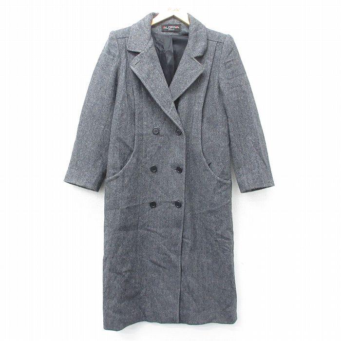 M/古着 長袖 ウール コート メンズ 90s ヘリンボーン ロング丈 グレー