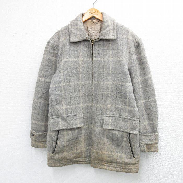XL/古着 長袖 ビンテージ ウール ジャケット メンズ 50年代 50s ロング丈 グレー他 チェック 内側キルティング 【spe】 25oct07 中古 アウター XL/古着 長袖 ビンテージ ウール ジャケット メンズ 50s ロング丈