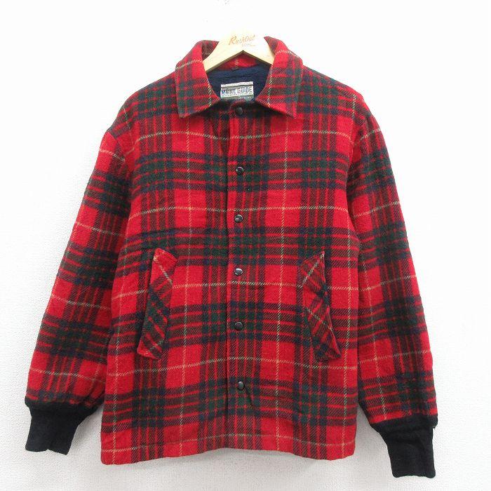 XL/古着 長袖 ウール ジャケット メンズ 80年代 80s 赤 チェック 内側