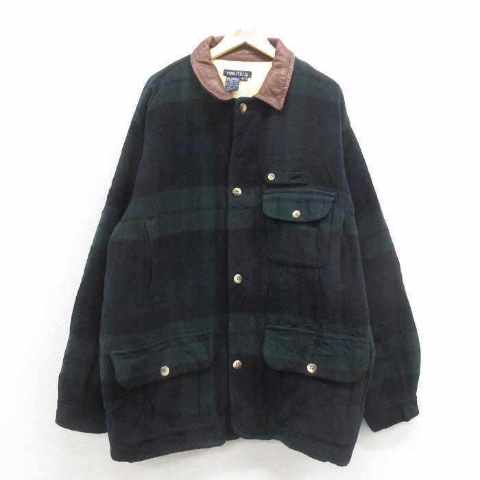 XL/古着 ノーティカ 長袖 ブランド ウール ジャケット コート メンズ 90年代 90s 大きいサイズ ロング丈 襟レザー 緑 チェック 内側キルティング【spe】 26jan31 NAUTICA（ノーティカ） XL/古着 長袖 ブランド ウール ジャケット