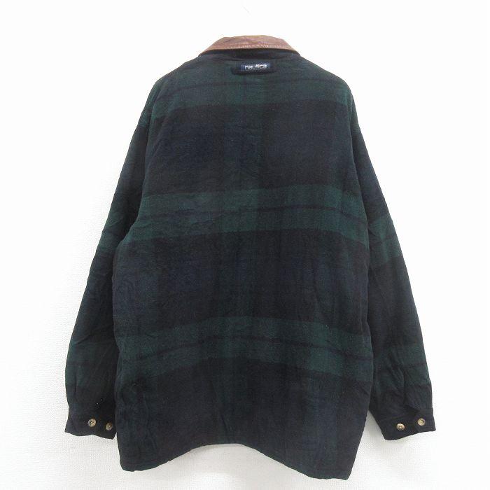 XL/古着 ノーティカ 長袖 ブランド ウール ジャケット コート メンズ 90年代 90s 大きいサイズ ロング丈 襟レザー 緑 チェック 内側キルティング【spe】 26jan31 NAUTICA（ノーティカ） XL/古着 長袖 ブランド ウール ジャケット