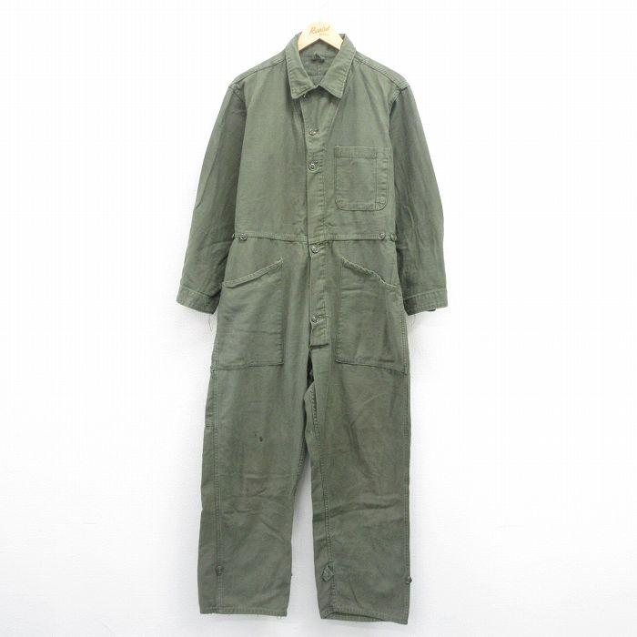 W33/古着 長袖 ミリタリー ベイカー ツナギ メンズ 80s 緑 グリーン