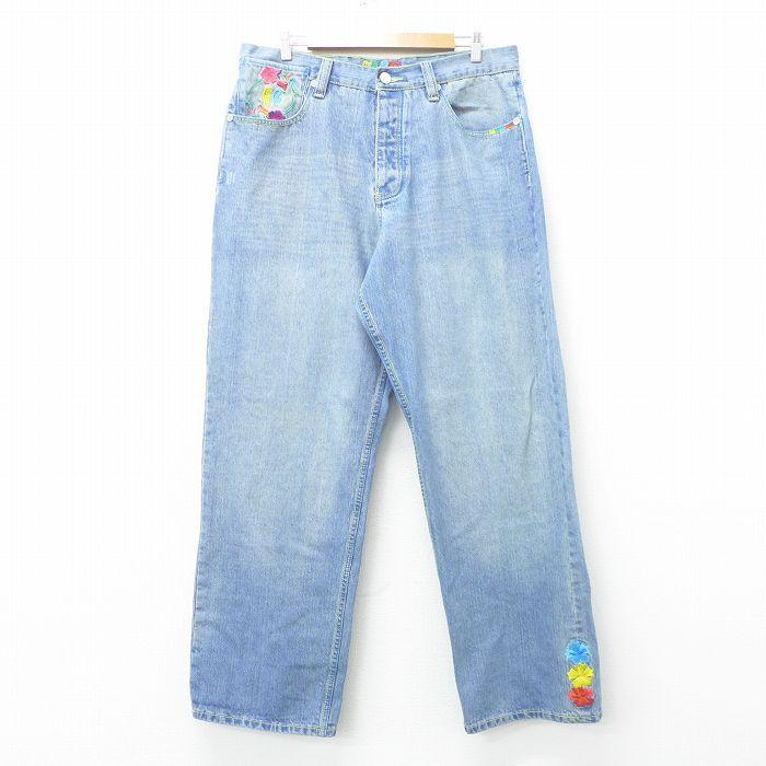 W36/古着 クージー COOGI ジーンズ メンズ 花 刺繍 ヒゲ 紺 ネイビー