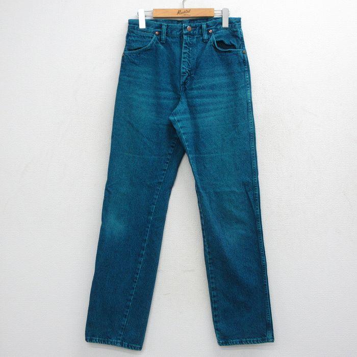 W29/古着 ラングラー ジーンズ メンズ 90年代 90s ヒゲ コットン USA製 青緑 デニム 26apr30 Wrangler（ラングラー） W29/古着 ジーンズ メンズ 90年代 90s ヒゲ