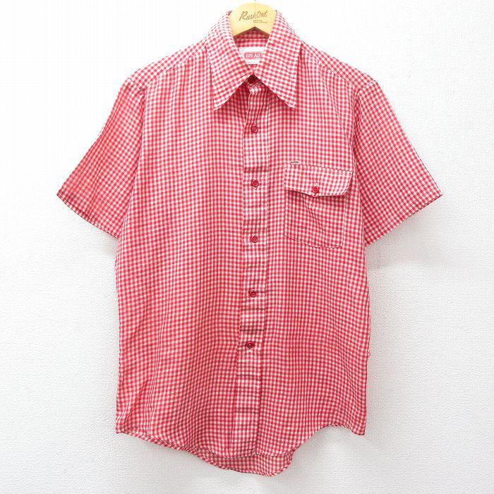 M/古着 半袖 シャツ メンズ 70年代 70s 赤他 ギンガム チェック